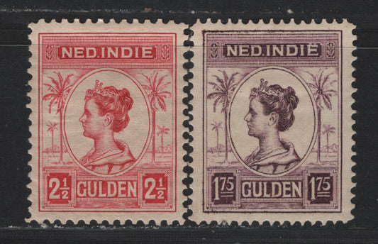 Lot 211 Netherlands Indies SC#135, 136a 1.75g - 2.5g Dark Violet - Carmine , 1912-1940 Numerals & Queen Wilhelmina Issue, 2 VFOG Singles, Perfs 12.5 & 11x11.5