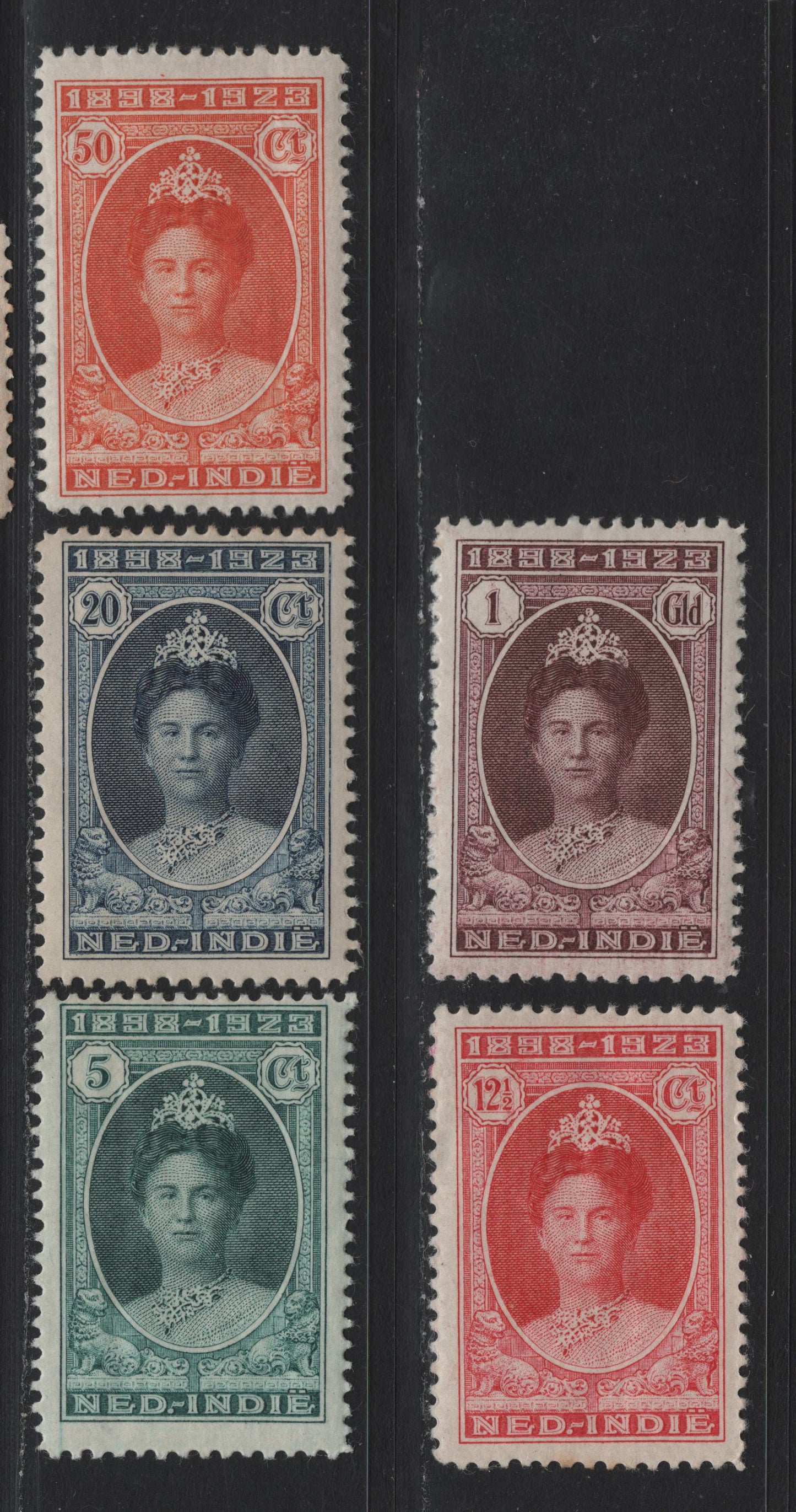 Lot 212 Netherlands Indies SC#151-155 5c - 1g Myrtle Green - Brown Violet , 1923 Queen Wilhelmina Issue, 5 F/VFOG Singles, Perf 11.5, Small Hinge Thin on 12.5c