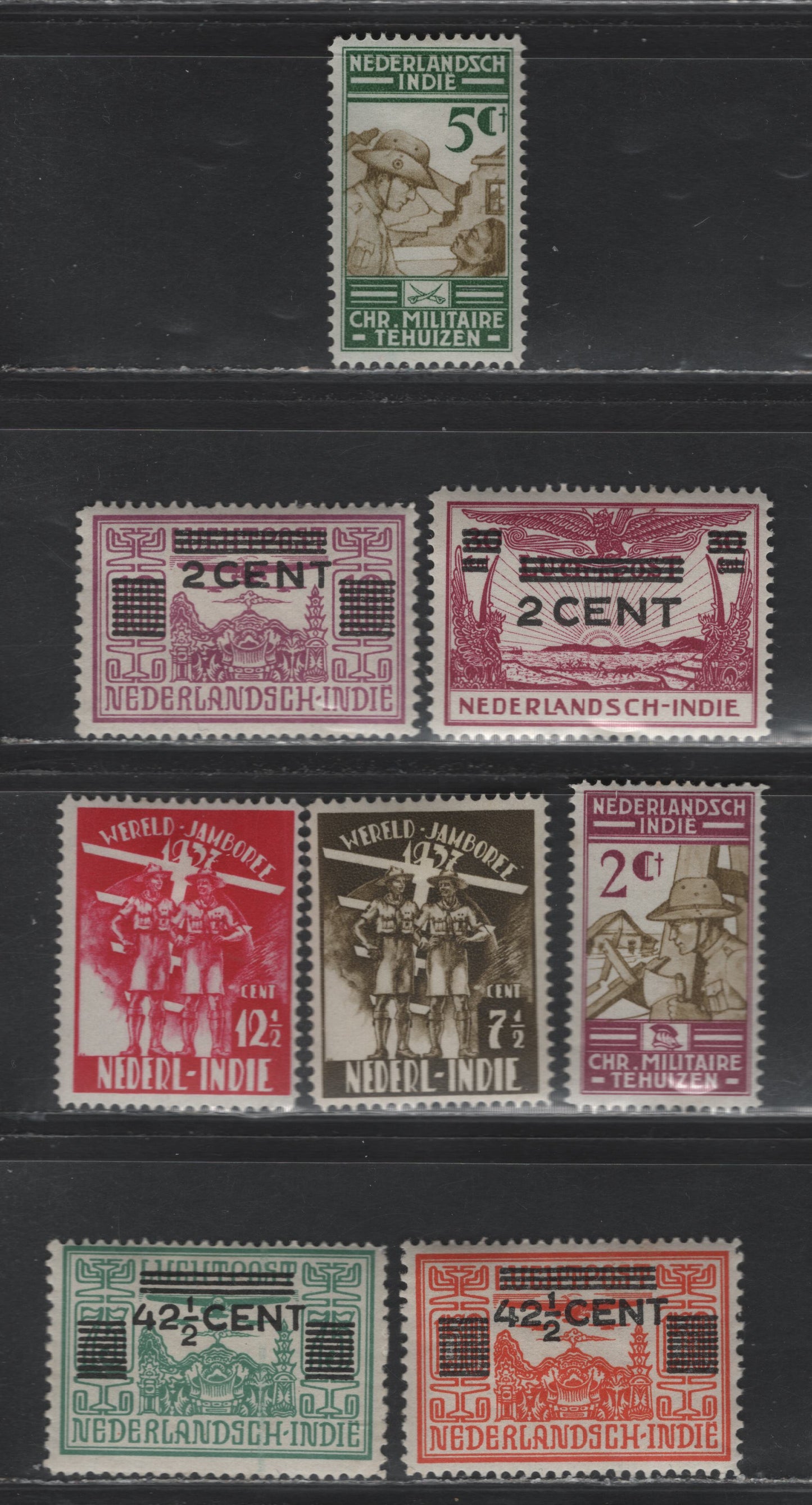 Lot 218 Netherlands Indies SC#189, 191-193, B21-B22, B30-B31 2c on 10c - 12.5c+2.5c Red Violet - Rose Carmine , 1934-1937 Surcharges - 5th World Boy Scout Jamboree Issues, 8 F/VFOG Singles