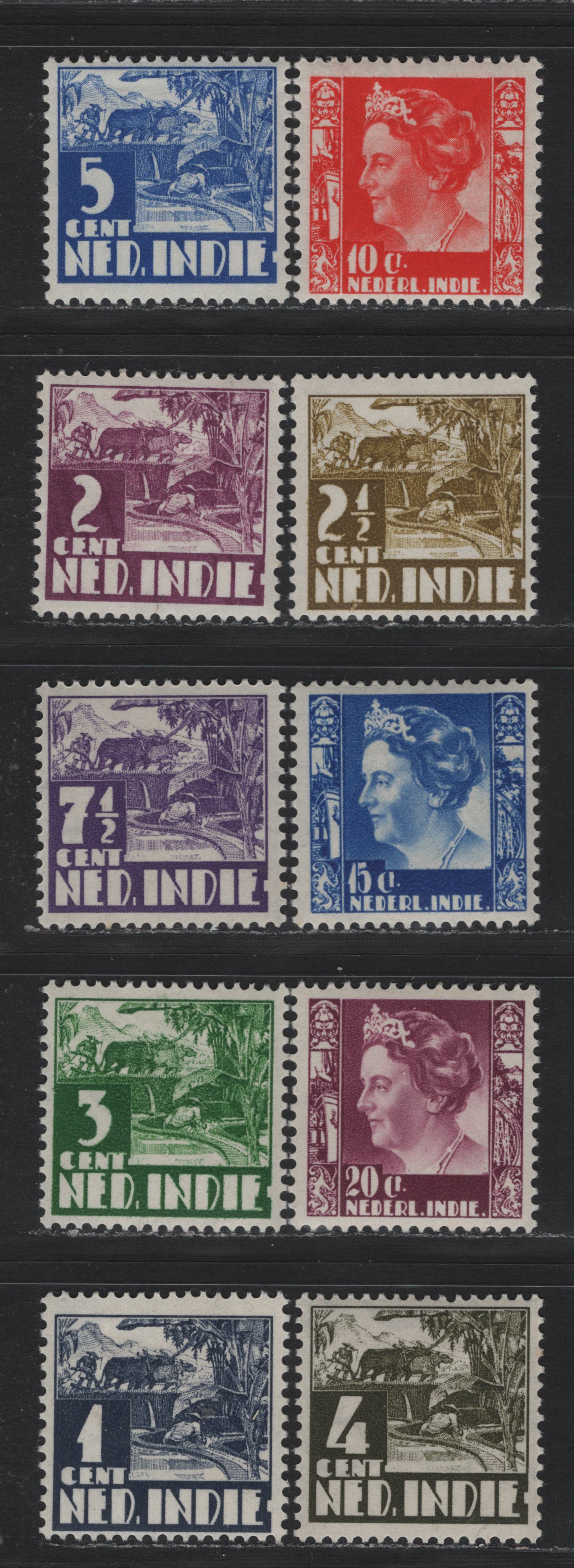 Lot 220 Netherlands Indies SC#200/211a 1c - 20c Lilac Gray - Plum , 1938-1940 Queen Wilhelmina & Rice Field Definitives, 10 F/VFOG Singles