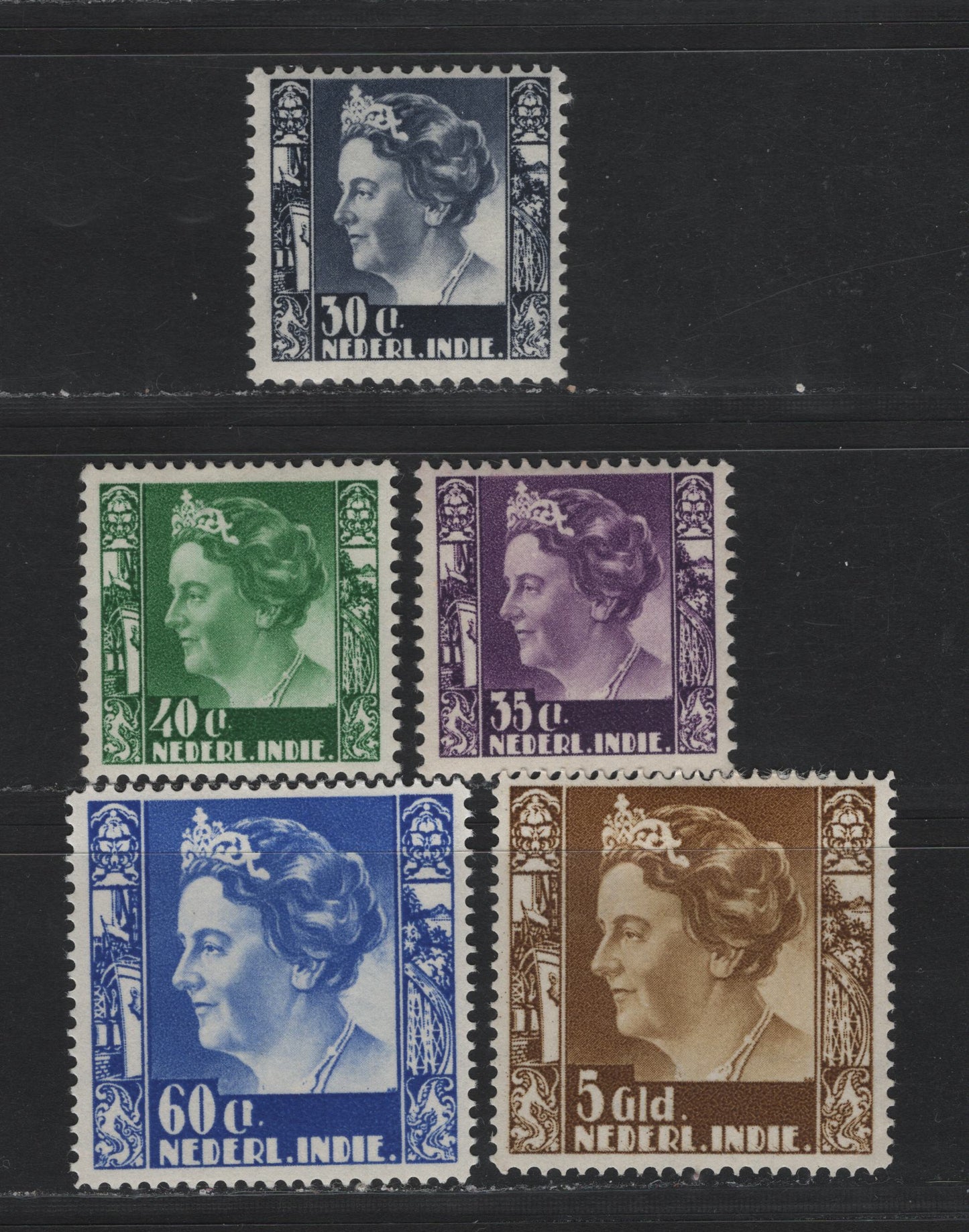 Lot 222 Netherlands Indies SC#213-216, 219, 225 30c - 5gld Lilac Gray - Yellow Brown , 1938-1940 Queen Wilhelmina & Rice Field Definitives, 6 F/VFOG Singles, Perf 12.5x12