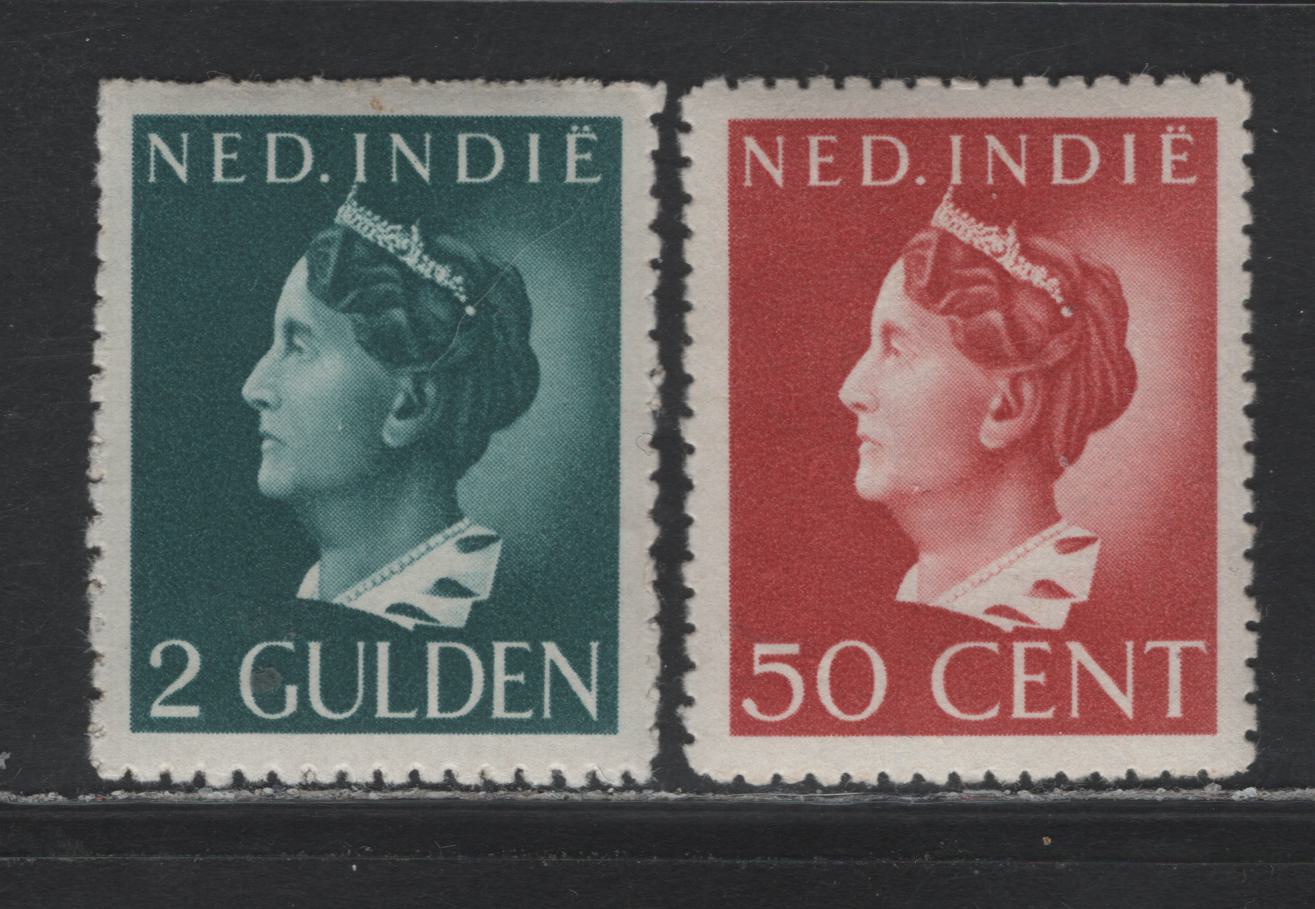 Lot 225 Netherlands Indies SC#242, 246 50c - 2gld Carmine Lake - Prussian Green , 1941 Queen Wilhelmina Portraits Issue, 2 VFOG Singles, Rough Perfs On Top Margin Of 2gld