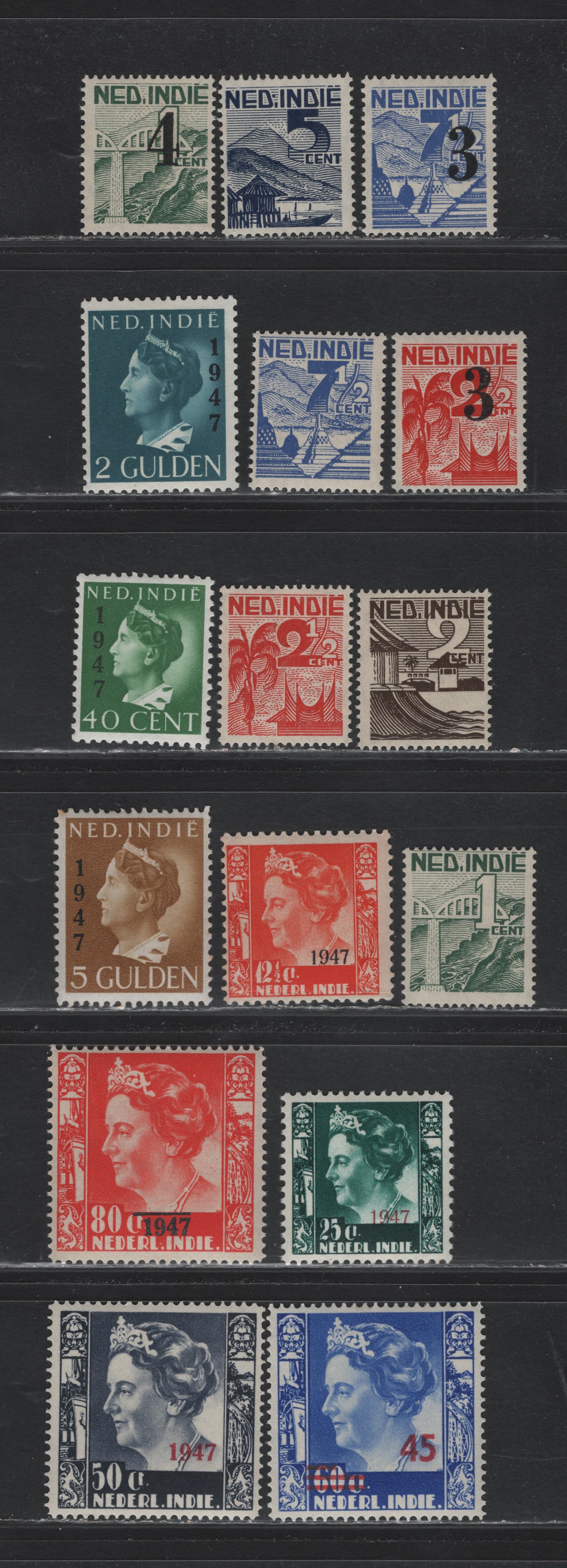 Lot 228 Netherlands Indies SC#263-278 1c - 5g Dark Green - Bistre , 1946-1947 Pictorial - Overprinted Issues, 16 F/VFOG Singles