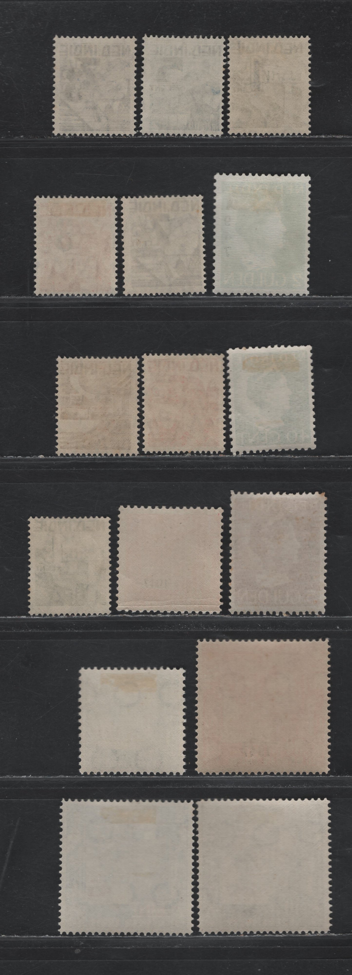 Lot 228 Netherlands Indies SC#263-278 1c - 5g Dark Green - Bistre , 1946-1947 Pictorial - Overprinted Issues, 16 F/VFOG Singles