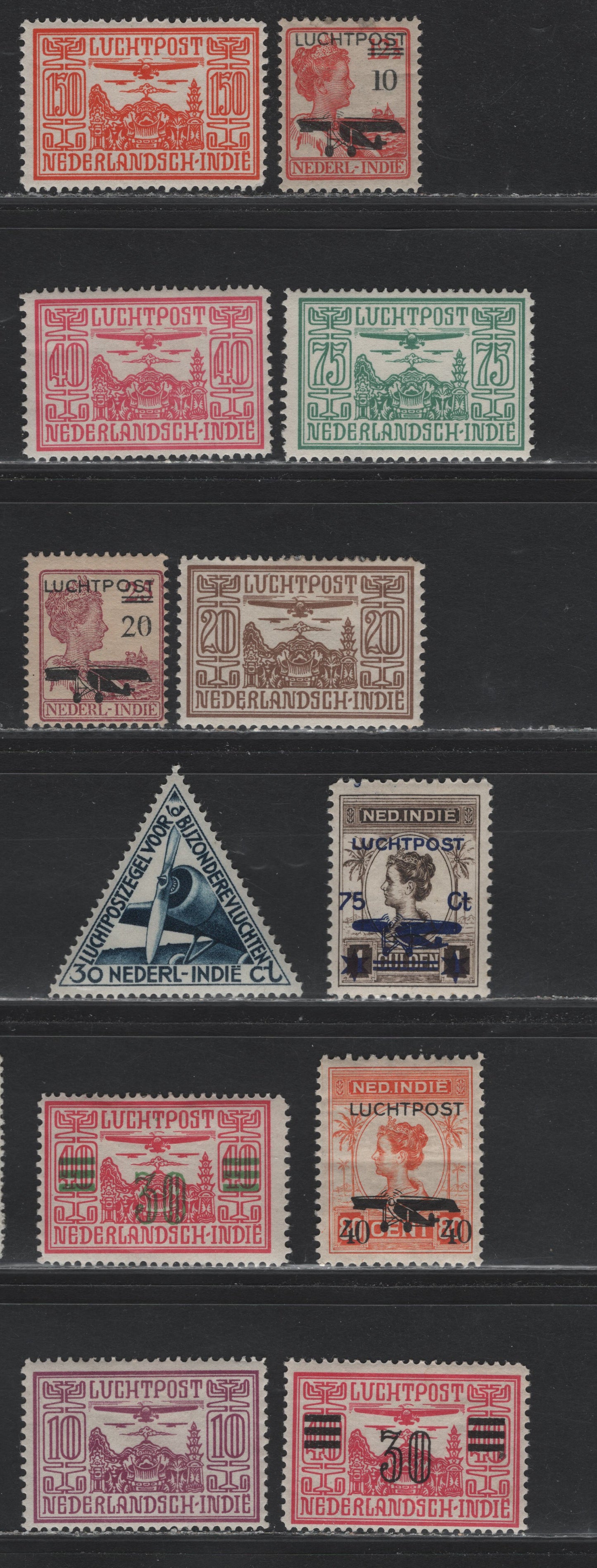 Lot 230 Netherlands Indies SC#C1-C4, C6-C12, C18 10c on 12.5c - 30c on 40c Red - Rose , 1928-1933 Airmail & Overprinted Airmail Issues, 12 F/VFOG Singles, Horizontal Crease On 3c