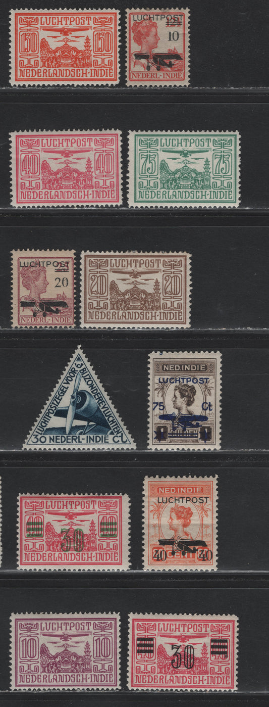 Lot 230 Netherlands Indies SC#C1-C4, C6-C12, C18 10c on 12.5c - 30c on 40c Red - Rose , 1928-1933 Airmail & Overprinted Airmail Issues, 12 F/VFOG Singles, Horizontal Crease On 3c