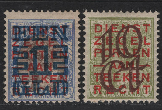 Lot 23 Netherlands SC#135-136 10c on 3c - 1g on 17.5c Pale Olive Green - Ultramarine & Brown , 1923 Surcharged Issue, 2 F/VFOG Singles, Perf 12.5