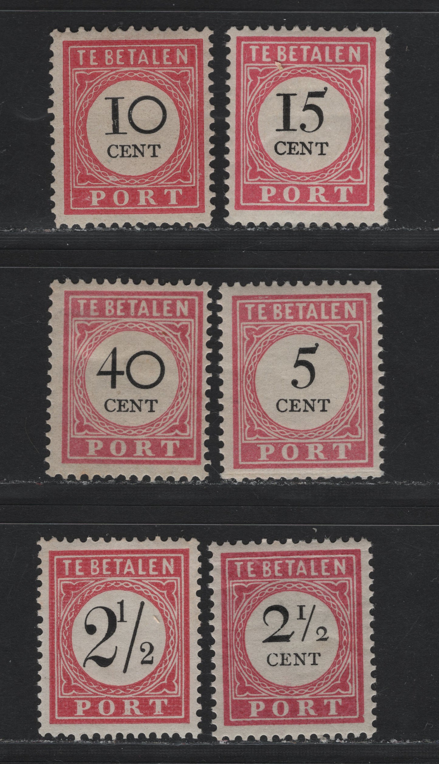 Lot 232 Netherlands Indies SC#J7a, J16-J17, J19-J20, J22 2.5c - 40c Carmine , 1882-1909 Postage Dues, 6 F/VFOG Singles, All Type 1, Perf 12.5 Except First 2.5c, Which Is 13.5.