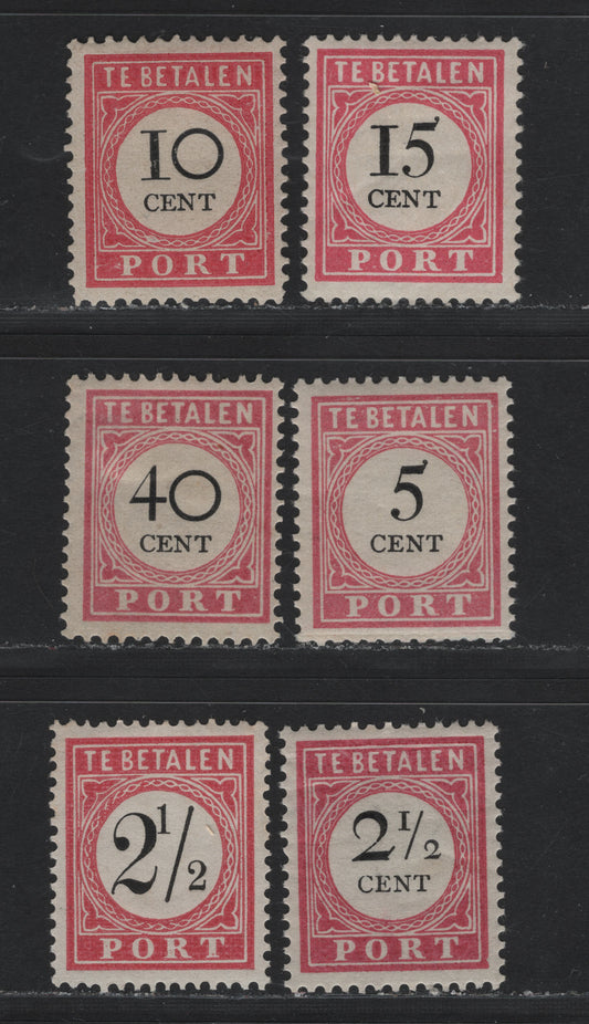 Lot 232 Netherlands Indies SC#J7a, J16-J17, J19-J20, J22 2.5c - 40c Carmine , 1882-1909 Postage Dues, 6 F/VFOG Singles, All Type 1, Perf 12.5 Except First 2.5c, Which Is 13.5.