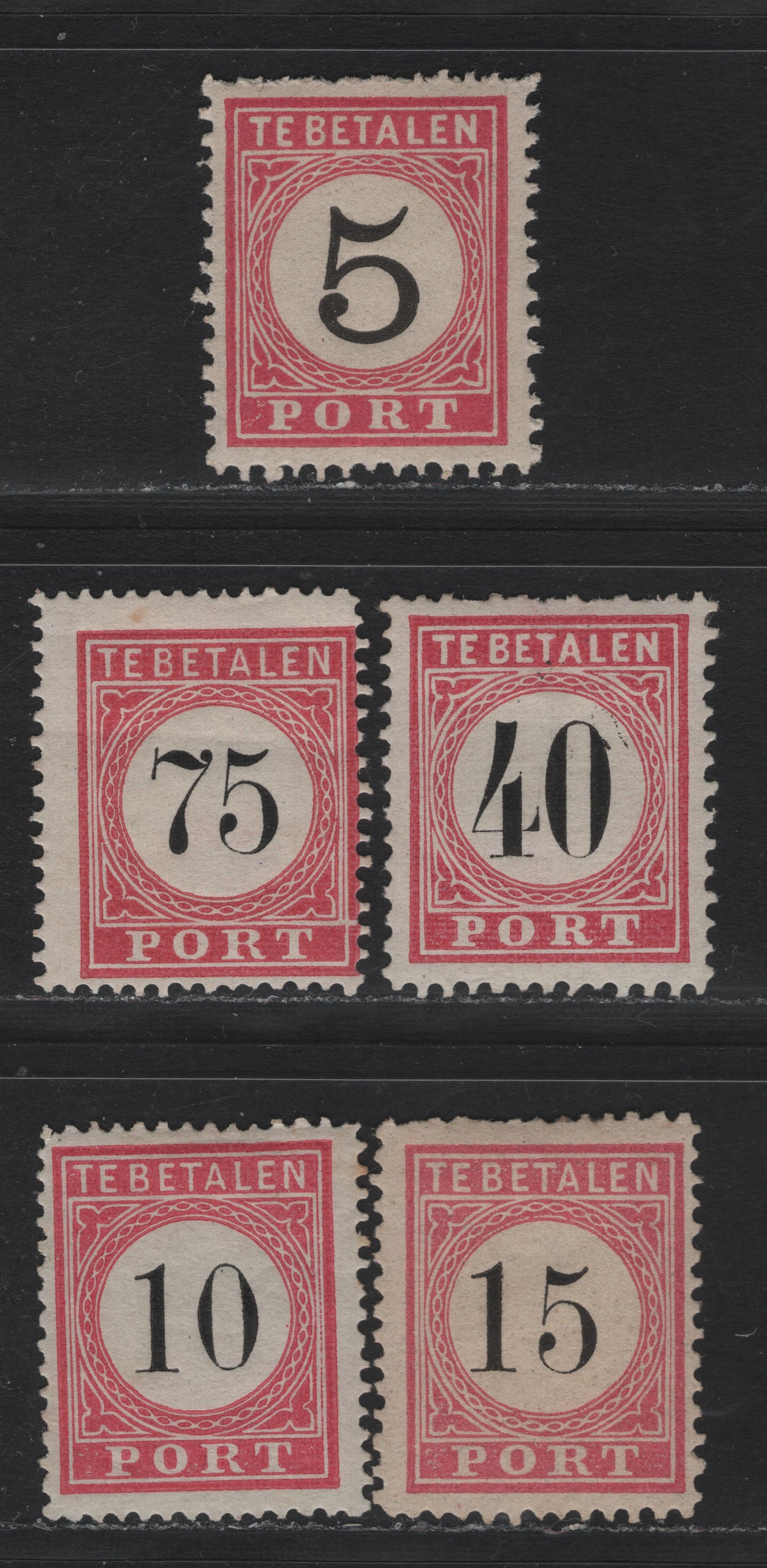 Lot 233A Netherlands Indies SC#J8, J13, J9b, J10b, J15b 5c - 75c Carmine , 1882-1888 Postage Dues, 5 FOG Singles, Types III (50c & 40c) & II (Rest), Perfs 12.5x12 (5c, 40c & 15c) and 13.5 (rest)
