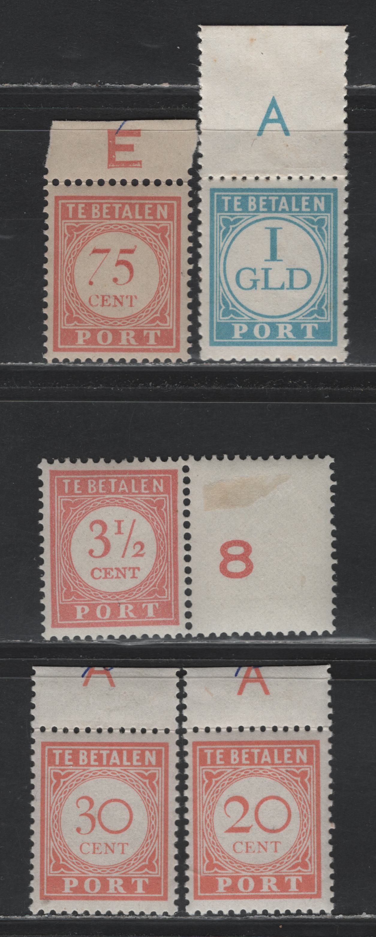 Lot 235 Netherlands Indies SC#J27, J39, J31a, J35a, J42a 3.5c - 1gld Salmon - Light Blue , 1913-1941 Postage Dues, 5 VFNH Singles, Thick Paper, Marginal Singles With Letter & Number Controls