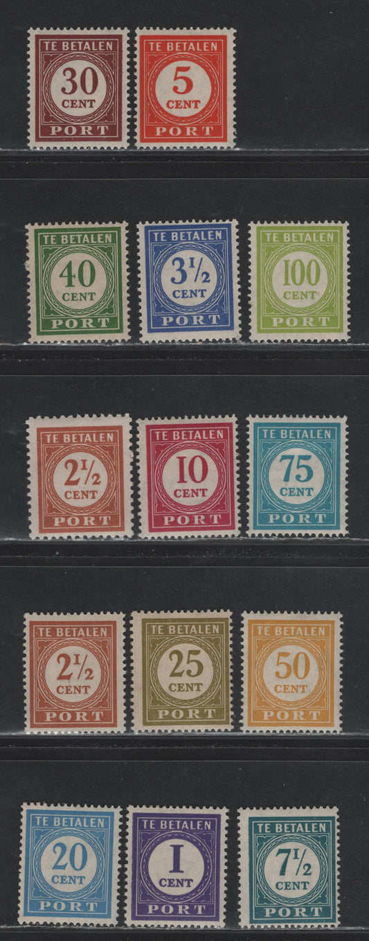 Lot 237 Netherlands Indies SC#J47-J59a 1c - 100c Purple - Apple Green , 1946 Postage Dues, 13 F/VFOG/NH Singles, 20c Is NH