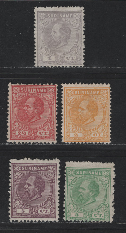 Lot 242 Surinam SC#1-5 1c - 5c Lilac Gray - Dull Violet , 1873-1889 King William III Issue, 5 Very Good/Fine/Very Fine Unused Singles, Perfs 13.5 (2c), 13x13.25 (1c), 12.5x12 (2.5c & 5c) & 12.5x12.25 (3c), No Gum As Issued