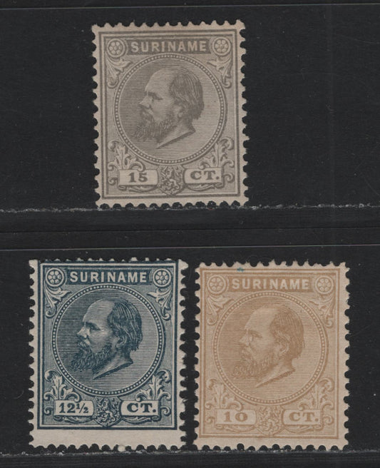 Lot 243 Surinam SC#6-8 10c - 15c Bistre - Gray , 1873-1889 King William III Issue, 3 Fine/Very Fine Unused Singles, Perfs 12.5x13 (10c & 15c) and 13 (12.5c), No Gum As Issued