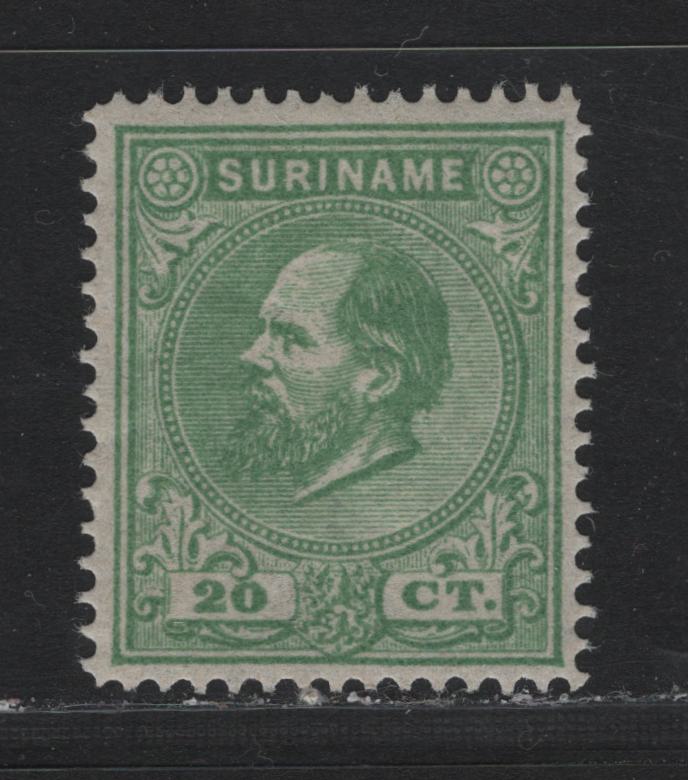 Lot 244 Surinam SC#9 20c Green , 1873-1889 King William III Issue, A VFNH Single, Perf 14, Large Holes, Scarce Example With NH Gum.