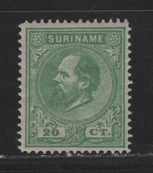 Lot 244 Surinam SC#9 20c Green , 1873-1889 King William III Issue, A VFNH Single, Perf 14, Large Holes, Scarce Example With NH Gum.