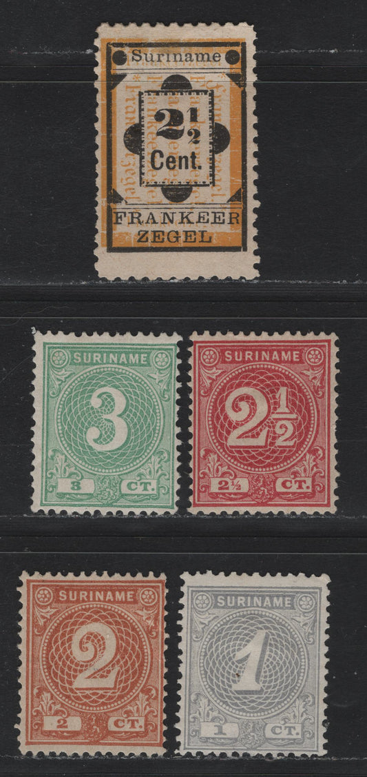 Lot 245 Surinam SC#17-20, 22 1c - 2.5c Gray - Black & Orange , 1890-1892 Numeral & Bicolored Numeral Issues, 5 F/VFOG & Unused Singles, 3c Has Partial Gum, 2.5c Has Full Gum, All Were Issued Without Gum.