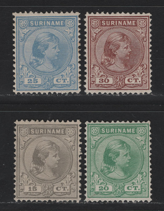 Lot 246 Surinam SC#27-30 15c - 30c Gray - Red Brown , 1892-1893 Queen Wilhelmina Issue, 4 Fine/Very Fine Unused Singles, No Gum As Issued