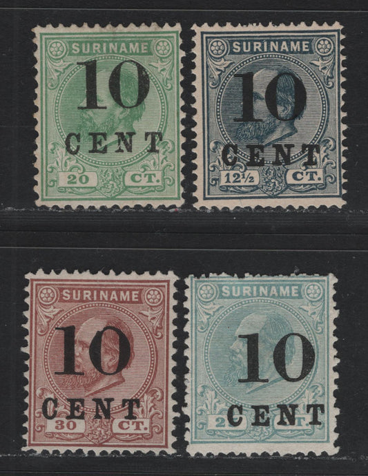 Lot 247 Surinam SC#31, 33-35 10c on 12.5c - 10c on 30c Slate Black - Red Brown , 1898 Surcharged Issue, 4 Fine/Very Fine Unused Singles, No Gum As Issued, Perfs 13.5x13.25 (12.5c), 12.75x12.25 (10c on 25c) and 12.5x12 (10c on 20c and 10c on 30c)