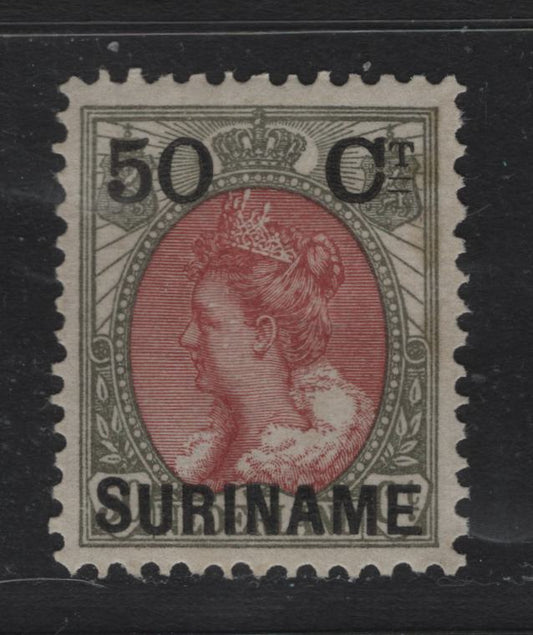 Lot 248 Surinam SC#36 50c on 50c Bronze Green & Red Brown , 1900 Overprinted Queen Wilhelmina Issue, A VFOG Single, Scarce Gummed Example