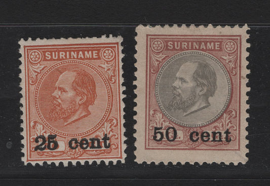 Lot 249 Surinam SC#40, 42 25c on 50c - 50c on 1g Brown Orange - Red Brown & Gray , 1900 King William III Surcharge Issue, 2 Fine/Very Fine Unused , Perfs 11.5 (1g) & 12.5x12