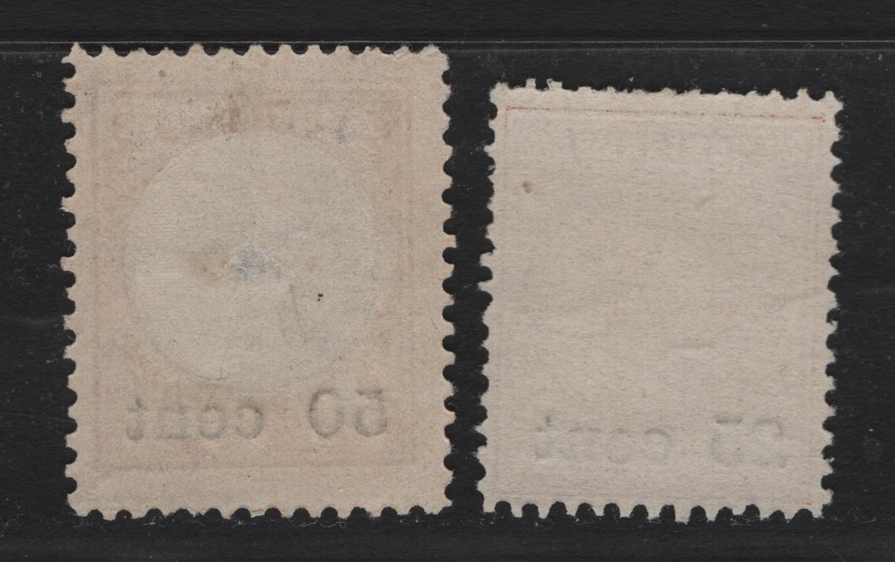 Lot 249 Surinam SC#40, 42 25c on 50c - 50c on 1g Brown Orange - Red Brown & Gray , 1900 King William III Surcharge Issue, 2 Fine/Very Fine Unused , Perfs 11.5 (1g) & 12.5x12