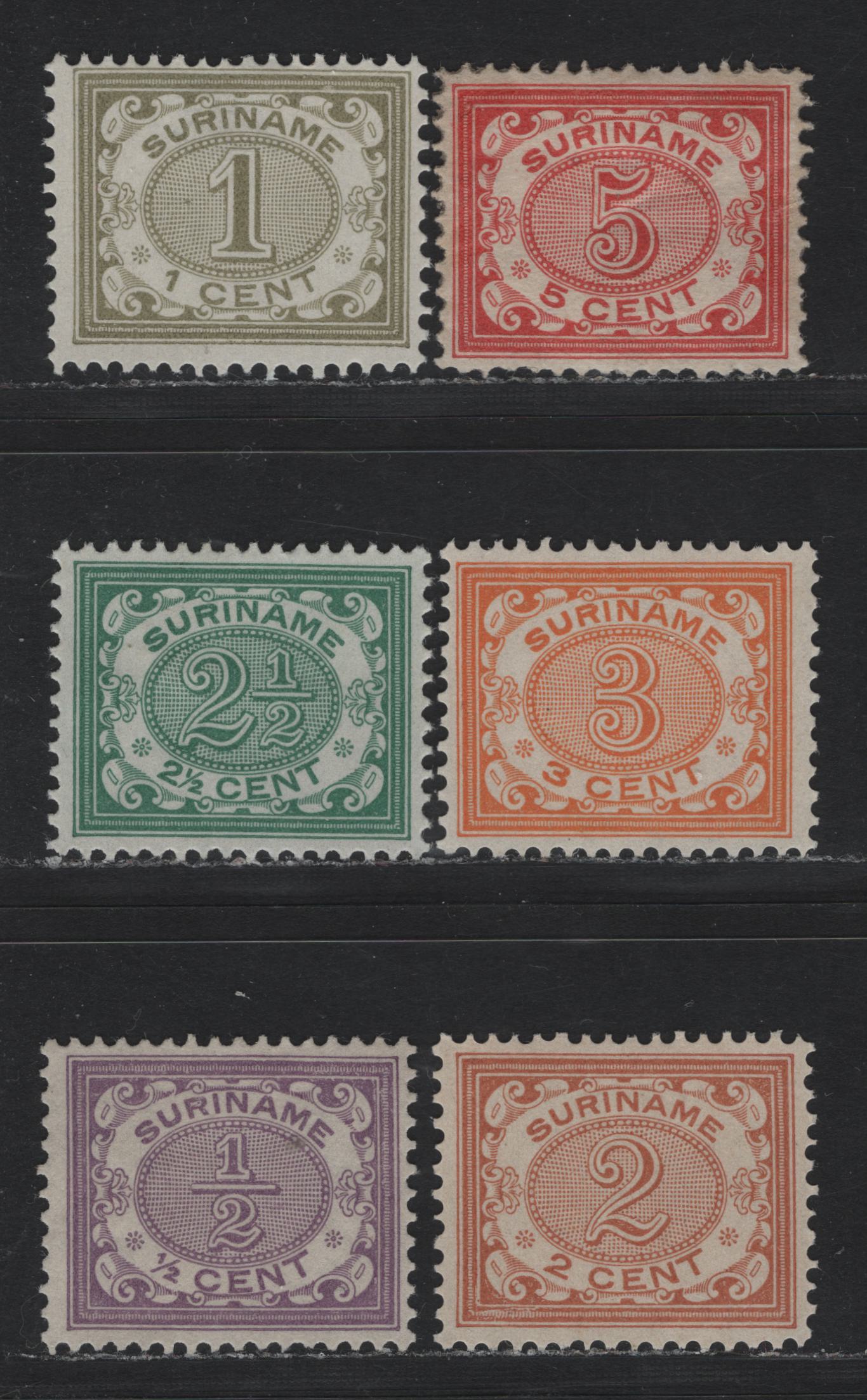 Lot 250 Surinam SC#44-49 1/2c - 5c Violet - Red , 1902-1908 Numeral & Queen Wilhelmina Issue, 6 F/VFOG & Unused Singles, 5c Has Gum, Which Is Scarce, As these Were Originally Issued Without Gum