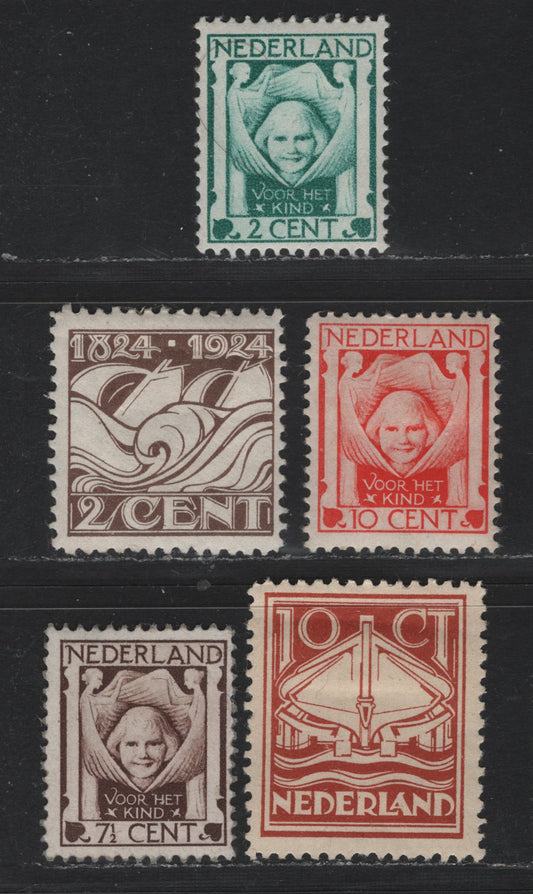 Lot 25 Netherlands SC#140-141, B6-B8 2c - 10c+2.5c Brown - Vermillion , 1924 Centenary Of Royal Dutch Lifeboat Society - Child Welfare Semi Postal Issues, 5 F/VFOG Singles