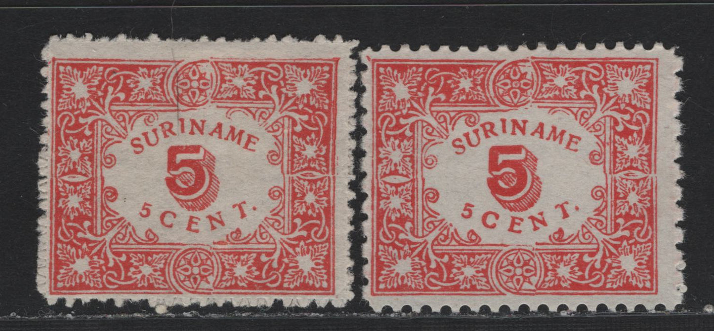 Lot 251 Surinam SC#61-62 5c Red , 1909 Serrate Roulette Issue, 2 FOG & Unused Singles, Serrate Roulette 13.5 & Perf 11.5x10.5, The Serrate Roulette Has Gum, Which Was Scarce