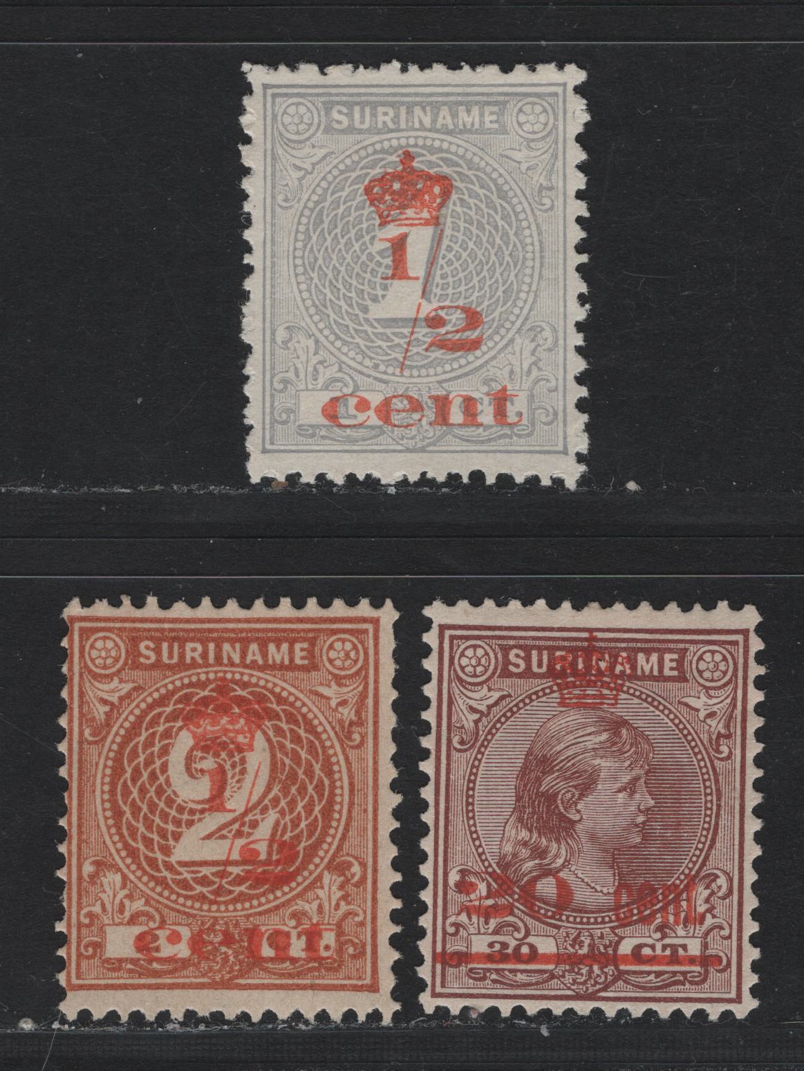 Lot 252 Surinam SC#63-64, 66 1/2c on 1c - 20c on 30c Gray - Orange Brown , 1911 Surcharged Issue, 3 Fine/Very Fine Unused Singles, No Gum As Issued