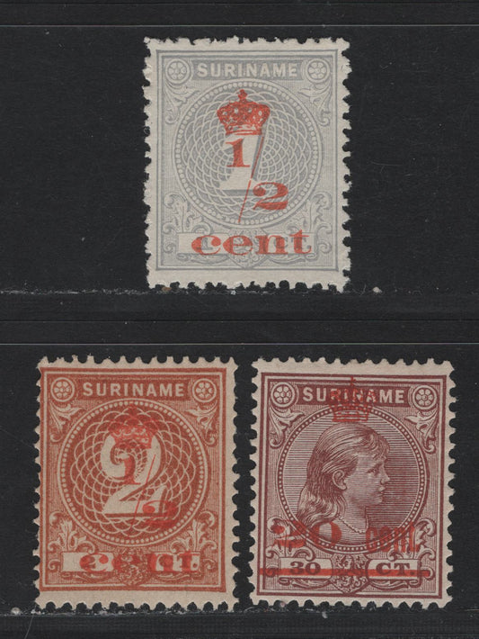 Lot 252 Surinam SC#63-64, 66 1/2c on 1c - 20c on 30c Gray - Orange Brown , 1911 Surcharged Issue, 3 Fine/Very Fine Unused Singles, No Gum As Issued