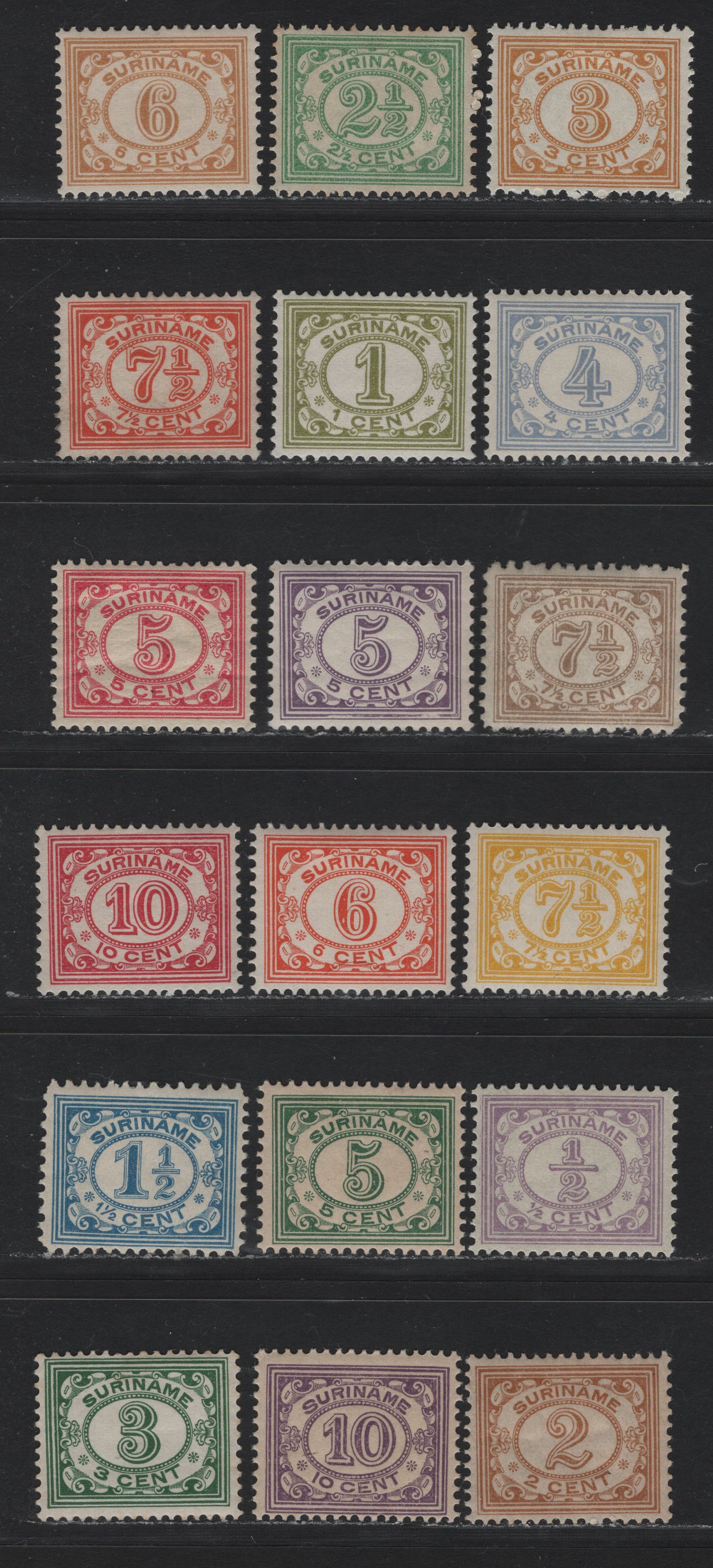 Lot 254 Surinam SC#74/91, 76a, 87a 1/2c - 10c Violet - Carmine Rose , 1913-1931 Numeral & Queen Wilhelmina Issue, 18 F/VFOG & Unused Singles, 2.5c & 3c Are Early Printings Without Gum As Issued