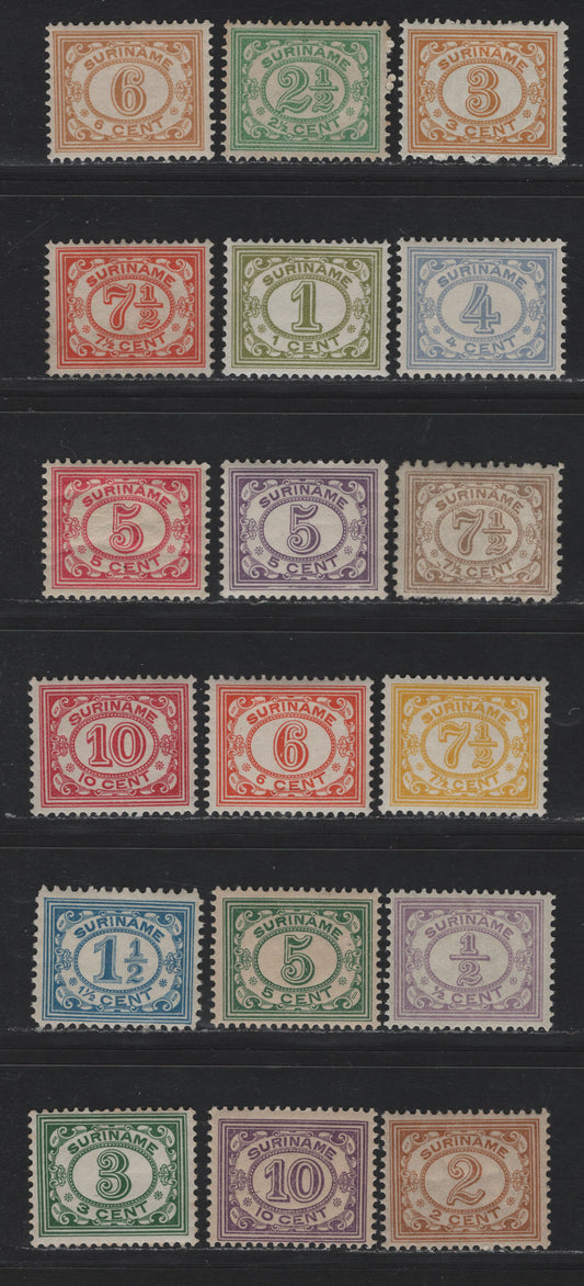 Lot 254 Surinam SC#74/91, 76a, 87a 1/2c - 10c Violet - Carmine Rose , 1913-1931 Numeral & Queen Wilhelmina Issue, 18 F/VFOG & Unused Singles, 2.5c & 3c Are Early Printings Without Gum As Issued