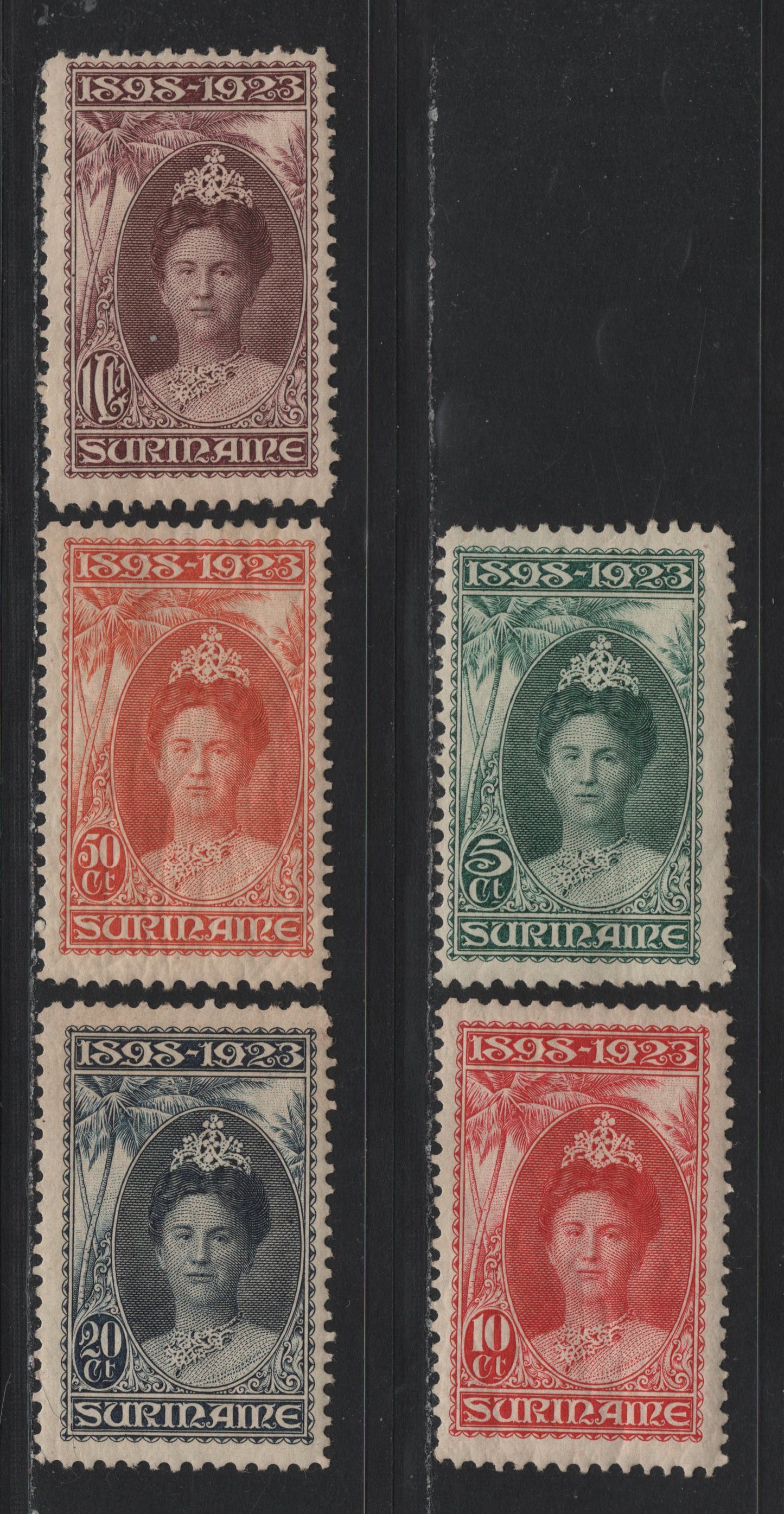 Lot 257 Surinam SC#109-113 5c - 1g Green - Brown Violet , 1923 Queen Wilhelmina Silver Jubilee Issue, 5 F/VFOG Singles, Perfs 11 (5c, 1g), 11.5 (10c) & 11x11.5 (20c & 50c)