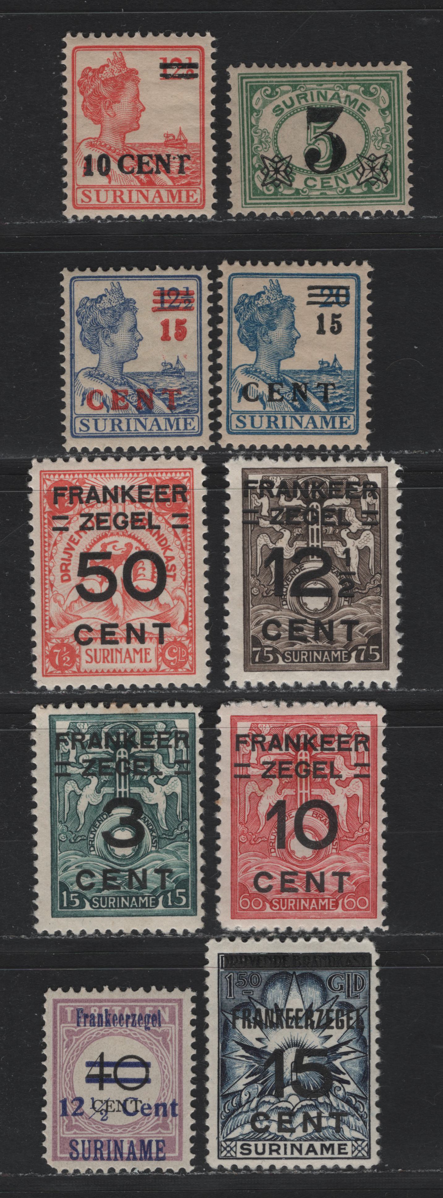 Lot 258 Surinam SC#116-119, 121, 132-135, 138 3c on 5c - 12.5c on 40c Green - Lilac & Black , 1925-1927 Surcharge Issue, 10 F/VFOG & Unused Singles, #131 Has No Gum As Issued