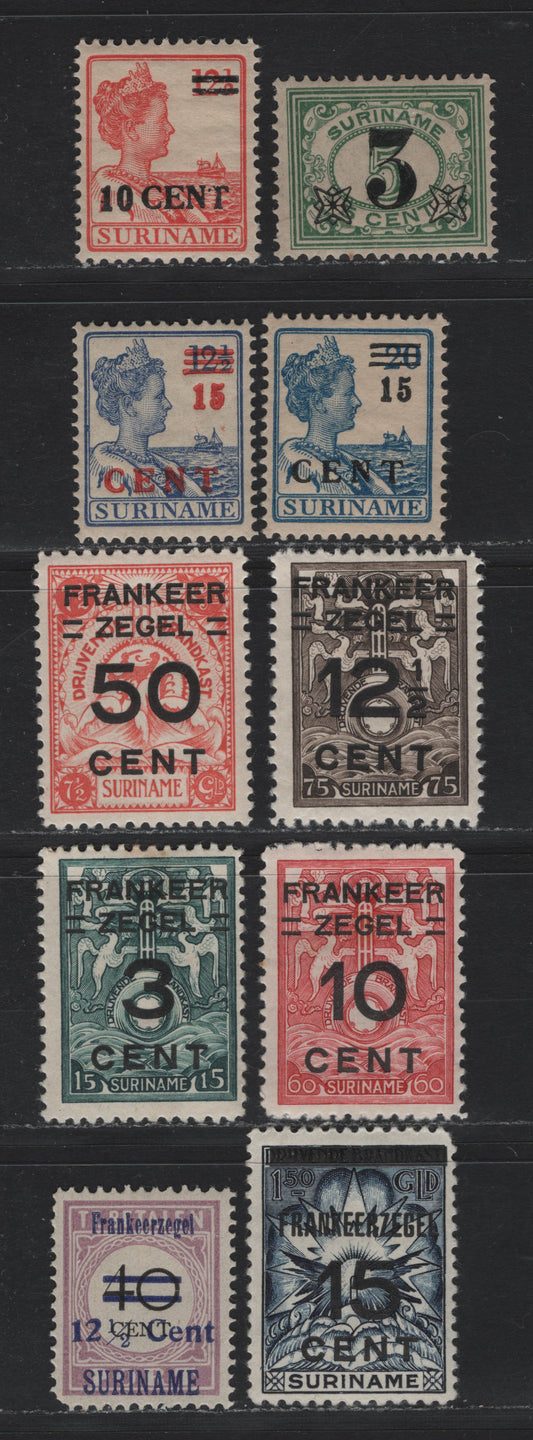 Lot 258 Surinam SC#116-119, 121, 132-135, 138 3c on 5c - 12.5c on 40c Green - Lilac & Black , 1925-1927 Surcharge Issue, 10 F/VFOG & Unused Singles, #131 Has No Gum As Issued