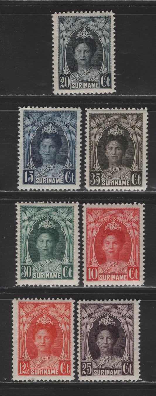 Lot 260 Surinam SC#123-126, 129-131 10c - 35c Carmine - Black Brown , 1927-1930 Queen Wilhelmina Issue, 7 F/VFNH Singles