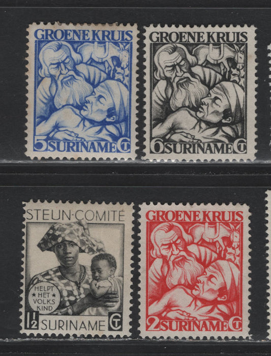 Lot 261 Surinam SC#B9-B11,B12 2c+2c - 1.5c+1.5c Scarlet - Black , 1929-1931 Green Cross Society - Child Welfare Societies Semi Postals, 4 F/VFOG & Unused Singles, B9-B10 Have No Gum, B10 Has Toning On Back