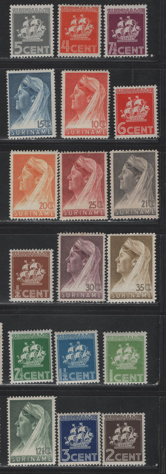 Lot 262 Surinam SC#142-155, 156a, 157-159 1/2c - 35c Yellow Green - Olive Brown , 1936-1941 Van Walbeeck's Ship & Queen Wilhelmina Issues, 18 F/VFOG & Unused Singles, Various Perfs