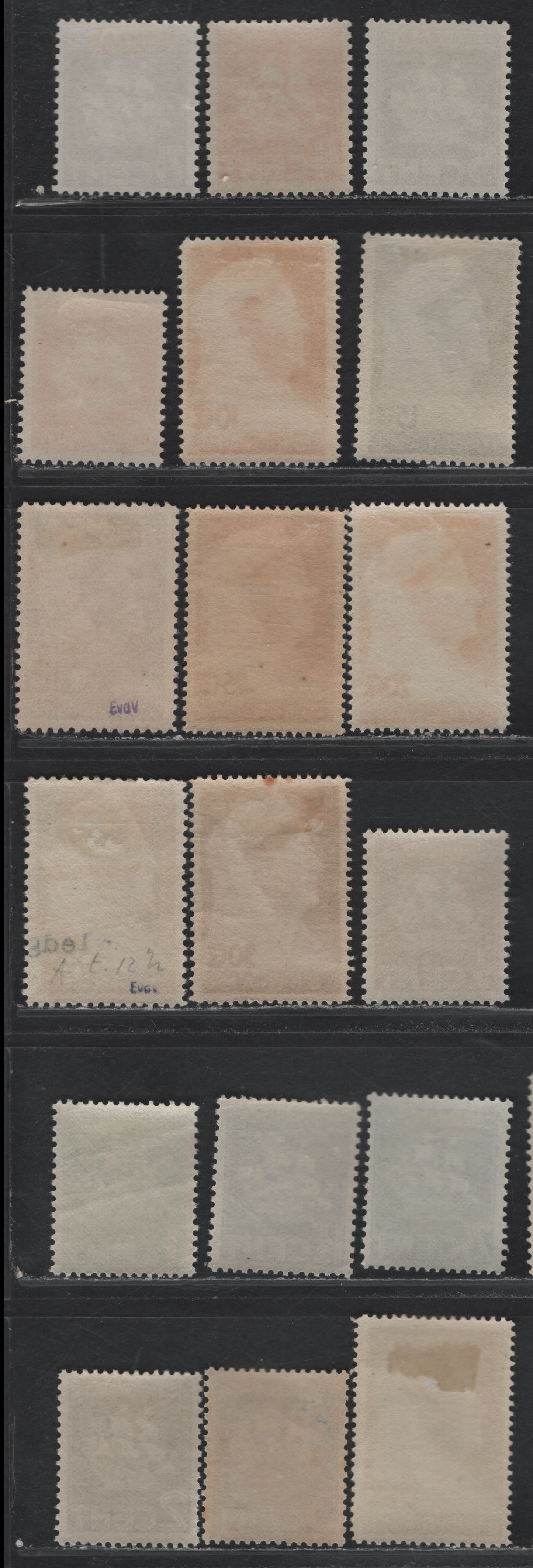 Lot 262 Surinam SC#142-155, 156a, 157-159 1/2c - 35c Yellow Green - Olive Brown , 1936-1941 Van Walbeeck's Ship & Queen Wilhelmina Issues, 18 F/VFOG & Unused Singles, Various Perfs