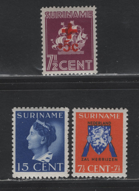 Lot 264 Surinam SC#175, B34, B40 15c - 7.5c+5c Ultramarine - Red Violet , 1941-1942 Queen Wilhelmina - Red Cross Semi Postals, 3 VFNH Singles, B40 Is Subtype Of III Where The C is Small, Small C Has the Top Of The C In Line With Top Curve Of The S