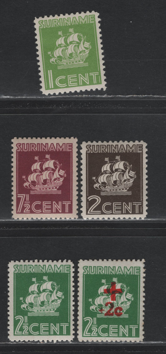 Lot 265 Surinam SC#146a, 151a, 168-169, B39a 2.5c - 2.5c+2c Green , 1941-1942 Van Walbeck Ship - Red Cross Semi Postals, 5 VFOG/NH Singles, 1941 Printings Perf 13 & 12, 7.5c Is NH