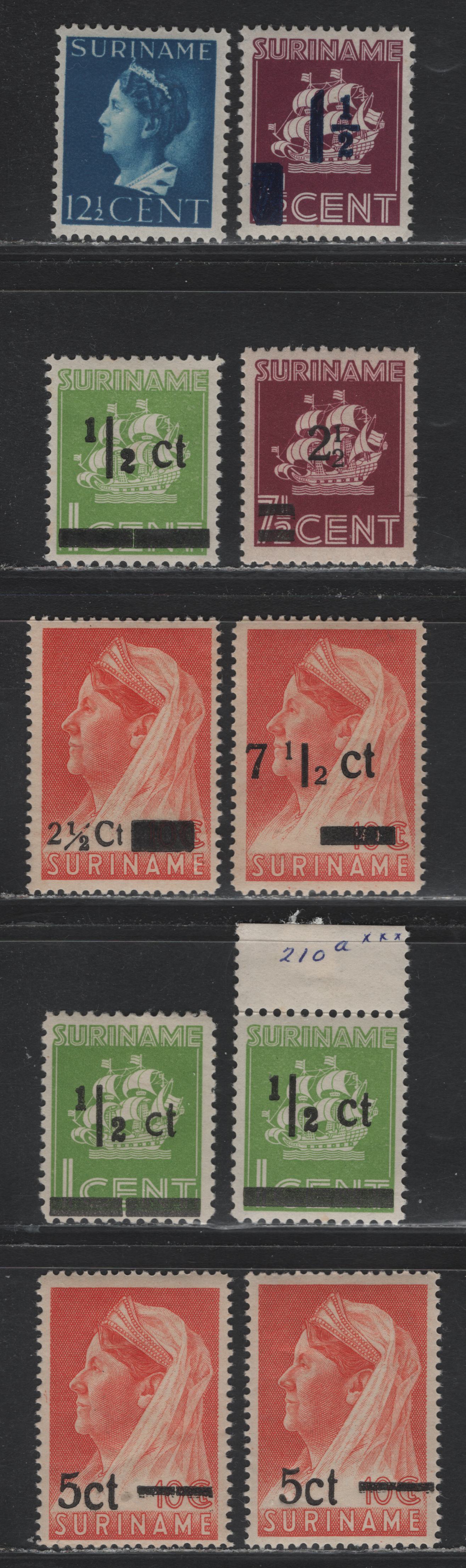 Lot 266 Surinam SC#174, 180-183, 209-210 12.5c - 2.5c on 10c Royal Blue - Orange , 1945-1947 Surcharged Issue, 7 F/VFOG Singles, Including Unlisted Font & Bar Variations On 1/2c & 5c, Including Two With Hairline Break In Surcharge Bar