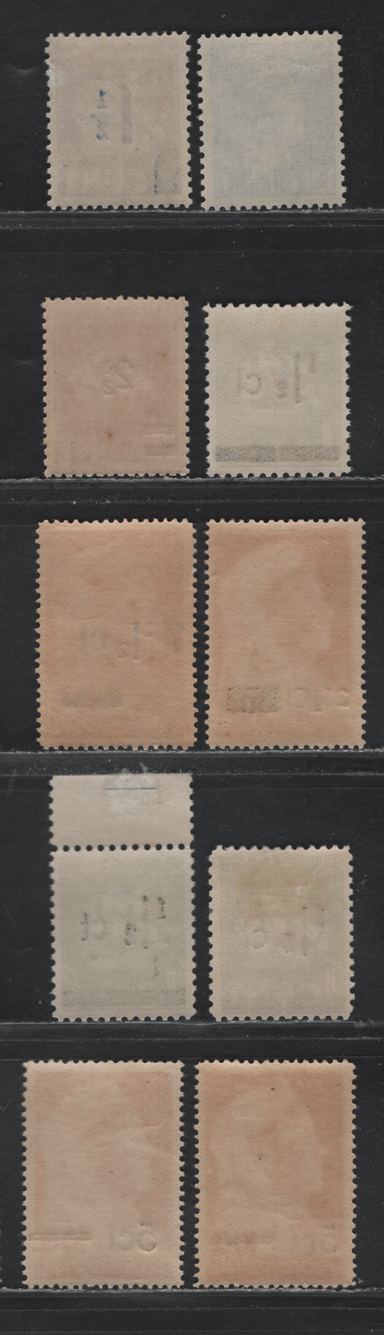 Lot 266 Surinam SC#174, 180-183, 209-210 12.5c - 2.5c on 10c Royal Blue - Orange , 1945-1947 Surcharged Issue, 7 F/VFOG Singles, Including Unlisted Font & Bar Variations On 1/2c & 5c, Including Two With Hairline Break In Surcharge Bar