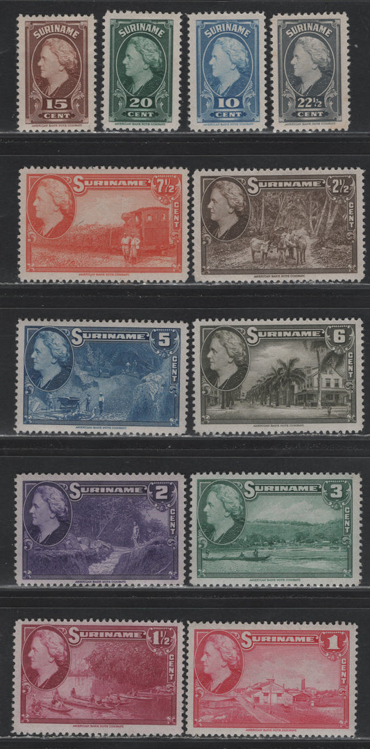 Lot 267 Surinam SC#184-188, 190-196 1c - 22.5c Rose Carmine - Gray , 1945 Pictorial Issue With Queen Wilhelmina, 12 VFOG Singles