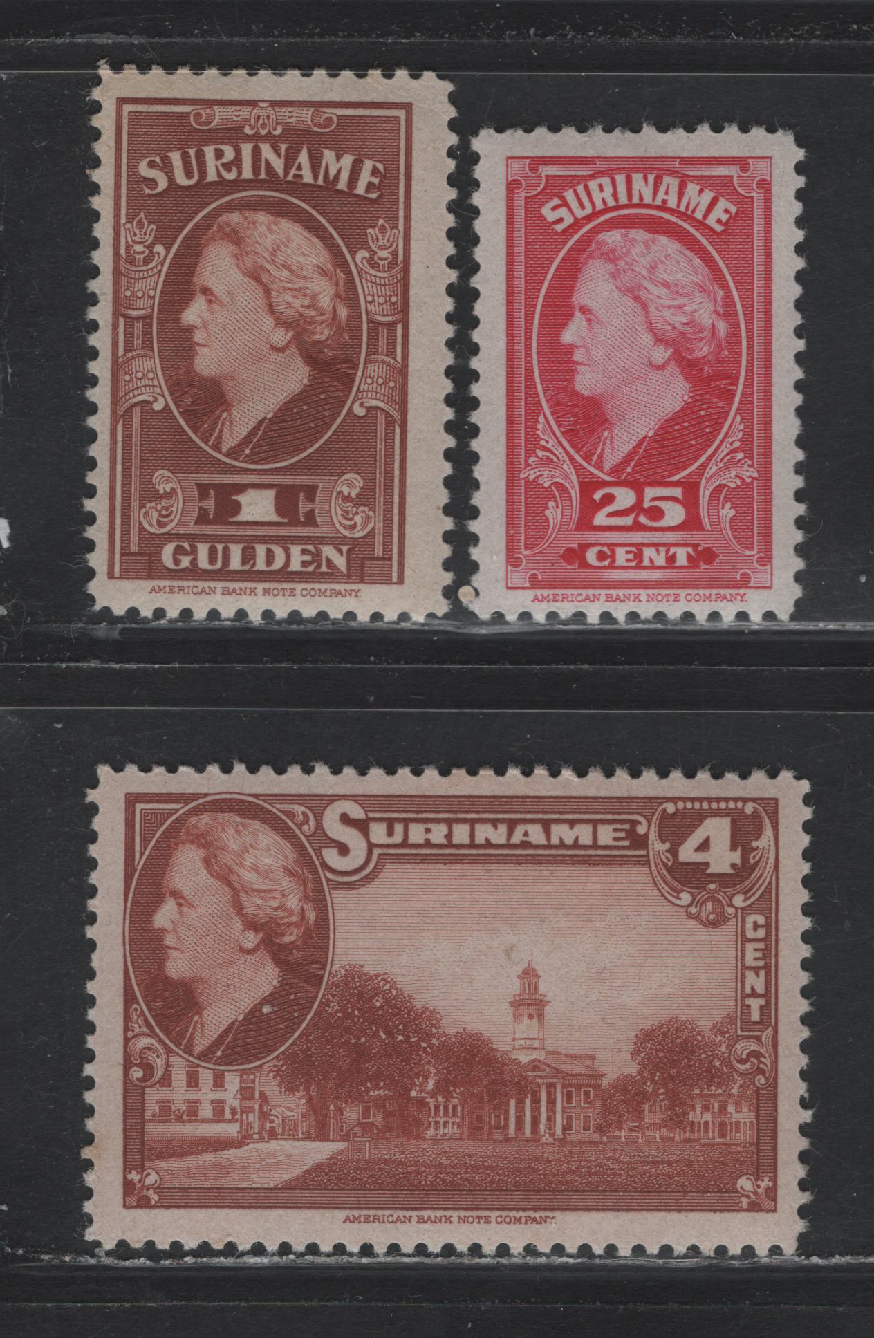 Lot 268 Surinam SC#189, 197, 203 4c - 1g Brown - Red Brown , 1945 Pictorial Issue With Queen Wilhelmina, 3 F/VFNH Singles