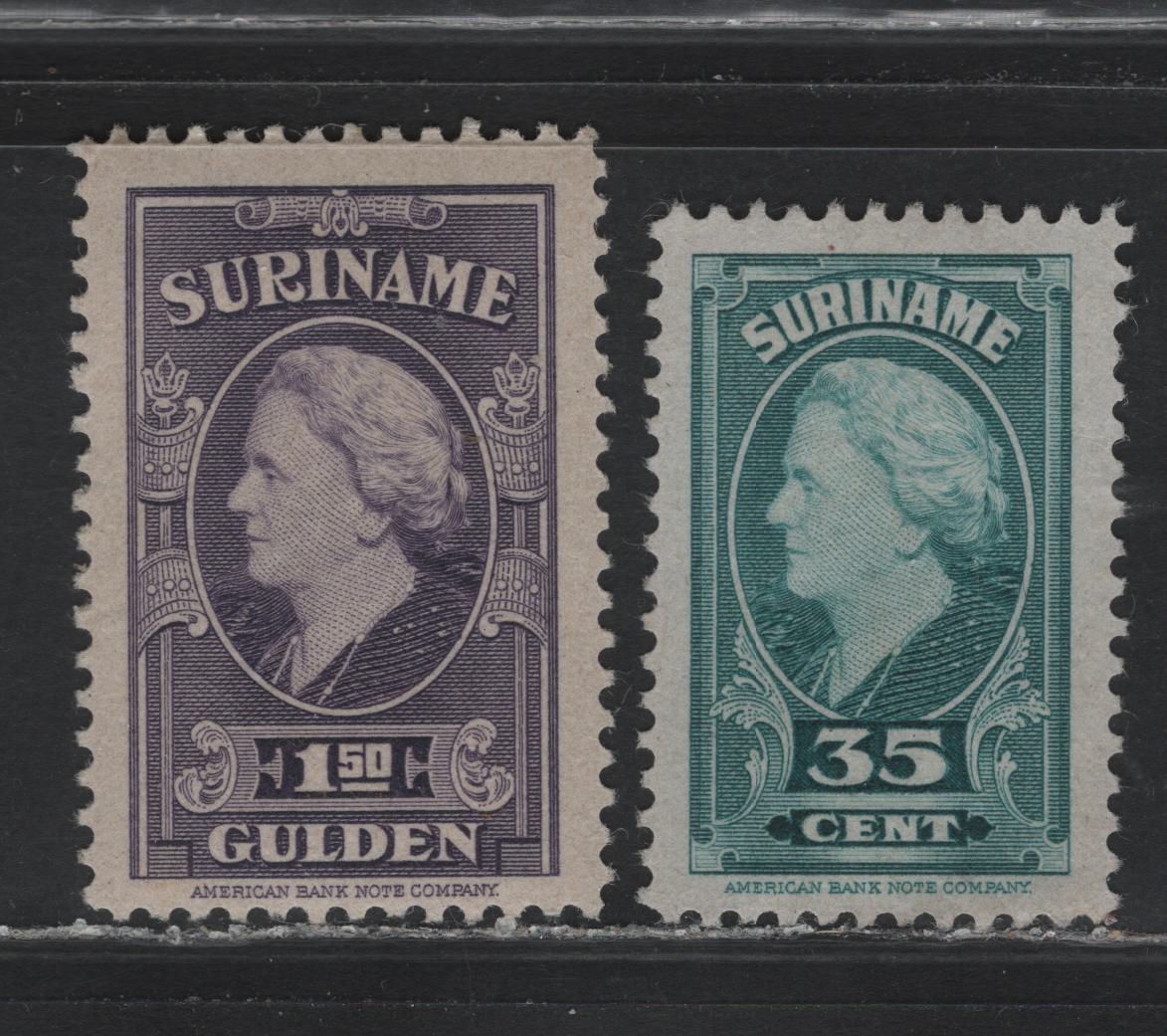 Lot 269 Surinam SC#199, 204 35c - 1.5g Bright Blue Green - Lilac , 1945 Pictorial Issue With Queen Wilhelmina, 2 VFOG & Unused Singles, 35c Is Unused Without Gum