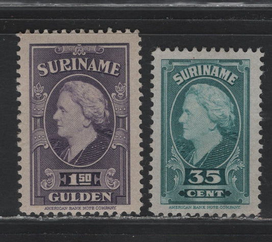 Lot 269 Surinam SC#199, 204 35c - 1.5g Bright Blue Green - Lilac , 1945 Pictorial Issue With Queen Wilhelmina, 2 VFOG & Unused Singles, 35c Is Unused Without Gum