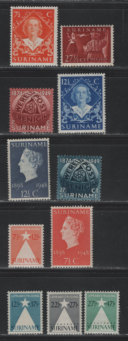 Lot 270 Surinam SC#234-239, B47-B48, C26, CB4-CB5 7.5c - 27.5c+47.5c Vermillion - Green , 1947-1948 50th Anniv of Queen Wilhelmina - Airmail Semi Postals, 11 F/VFOG Singles
