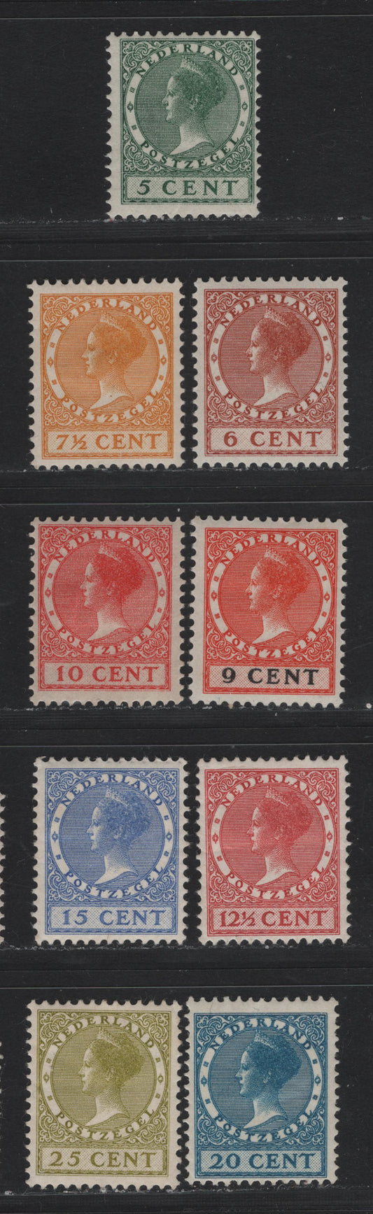Lot 27 Netherlands SC#147-155 5c - 25c Dull Green - Olive Bistre , 1924-1926 Gull & Photogravure Wilhelmina Issues, 9 F/VFOG Singles, Unwatermarked